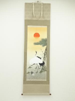 JAPANESE HANGING SCROLL / HAND PAINTED / CRANE WITH RISING SUN 